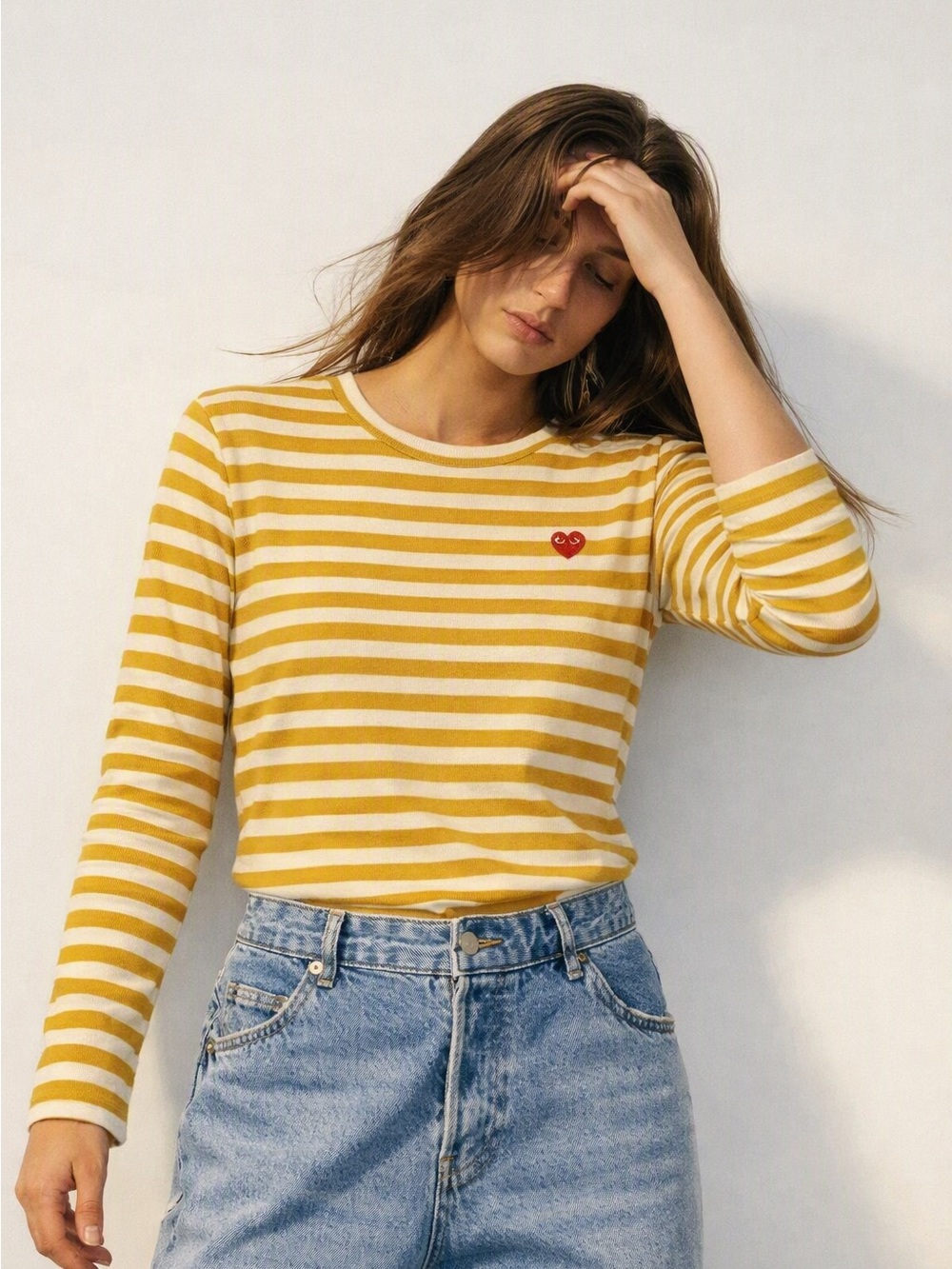 COMME DES GARCONS PLAY Yellow Striped 
Stripe Heart Tee Small Long Sleeve